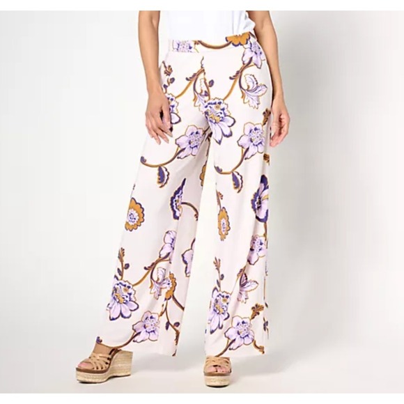 Dennis Basso Italia‎ Knit Wide Leg Pants Ivory/Rose Print Size Med Fairy/Cottage - Picture 1 of 9